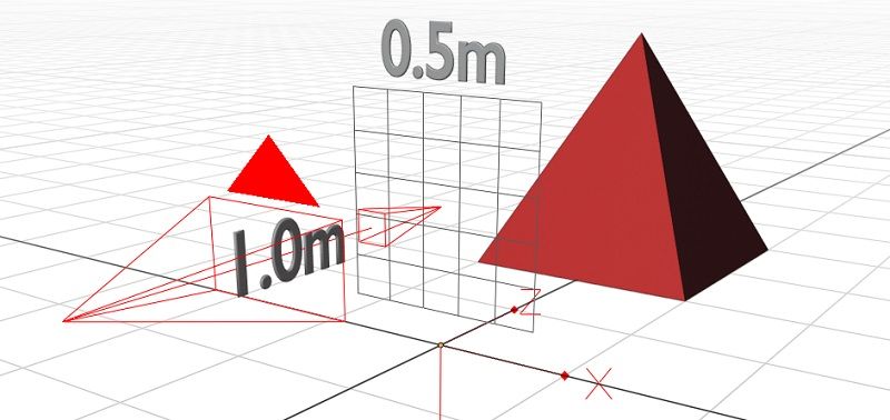 A grid appears in the scene, with an arrow from the camera demonstrating that it is 1m away and 0.5m wide.